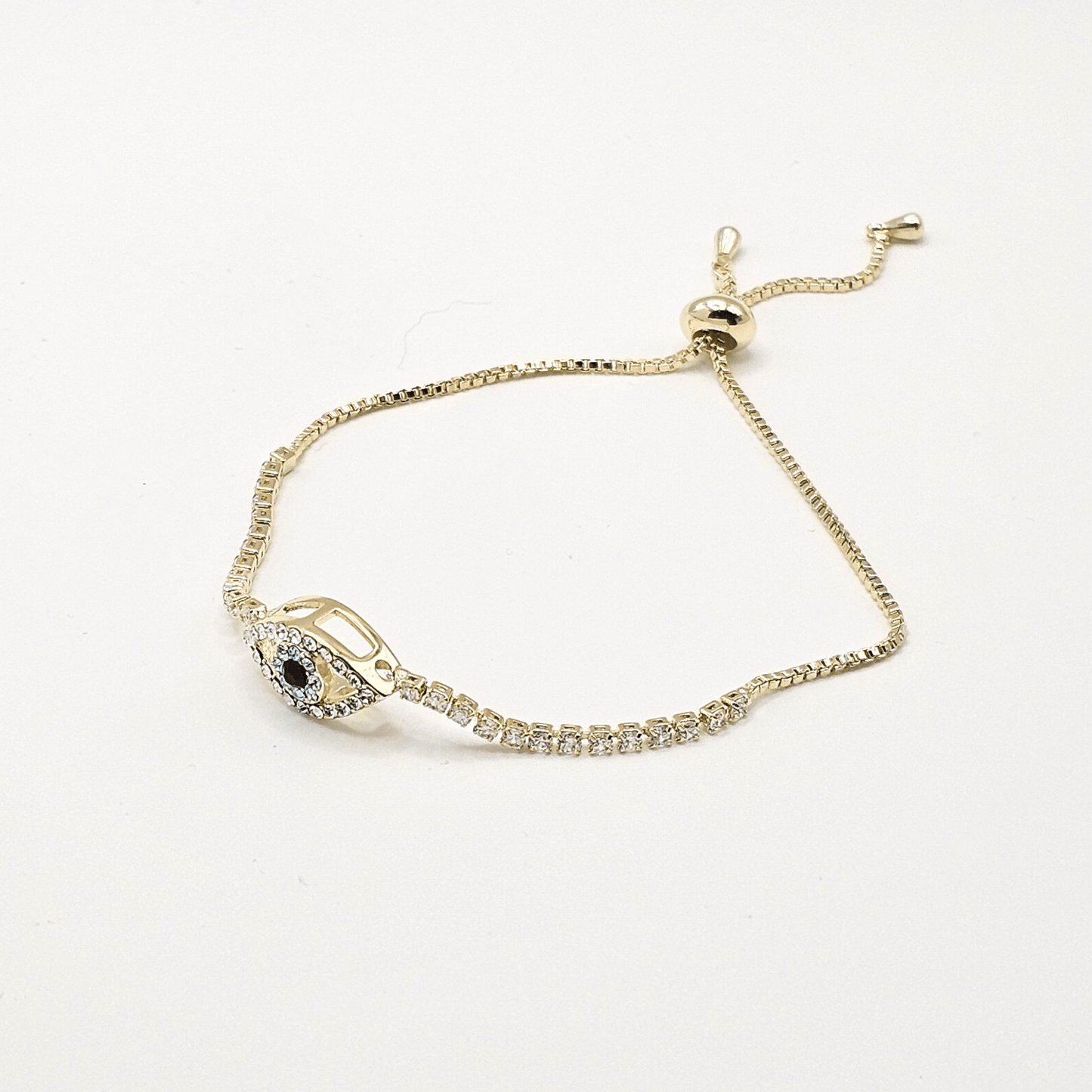 Diamond Evil Eye Adjustable Bangle – 18K Gold Plated
