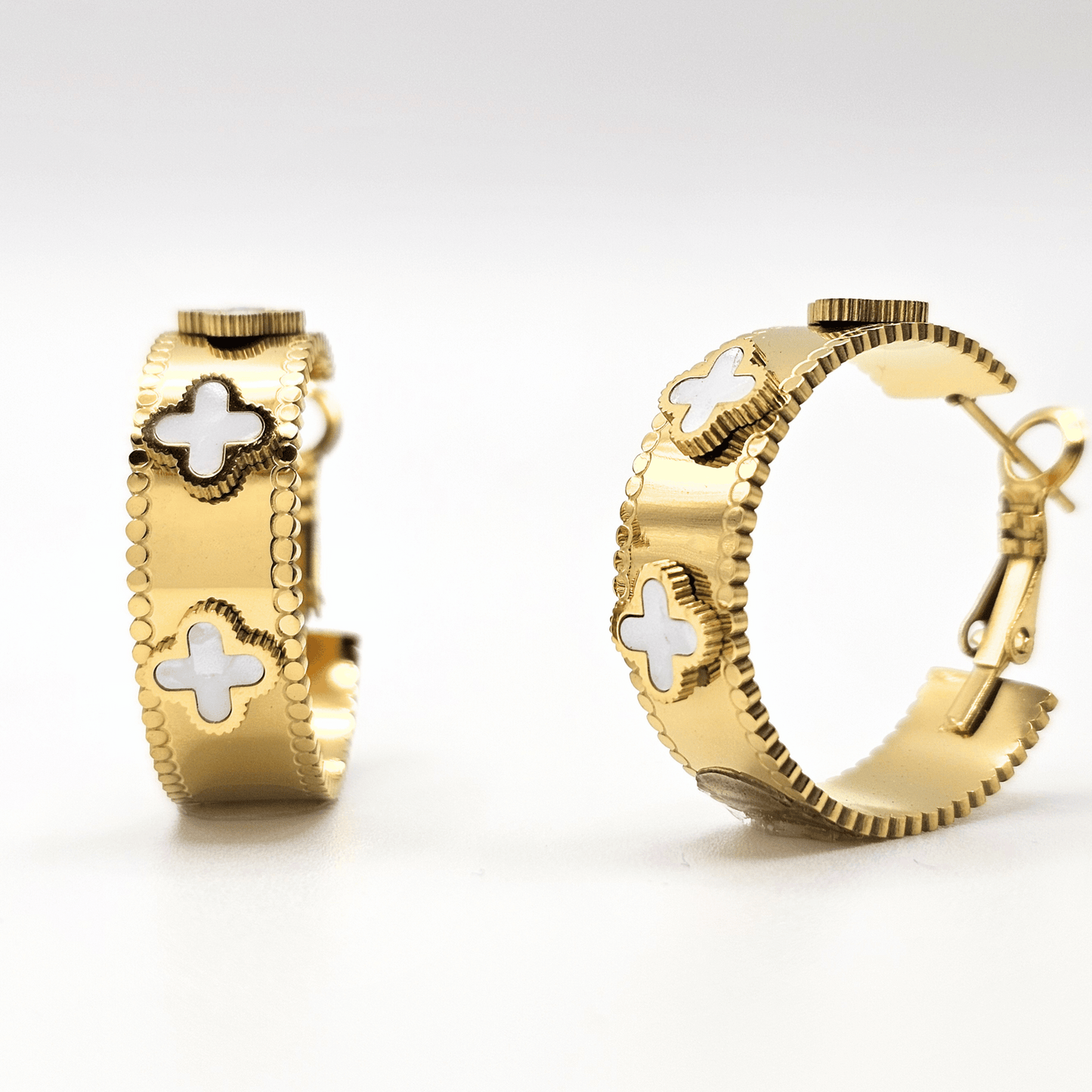 Chivelle Everyday Collection – White Mother of Pearl Clover Hoop Earrings