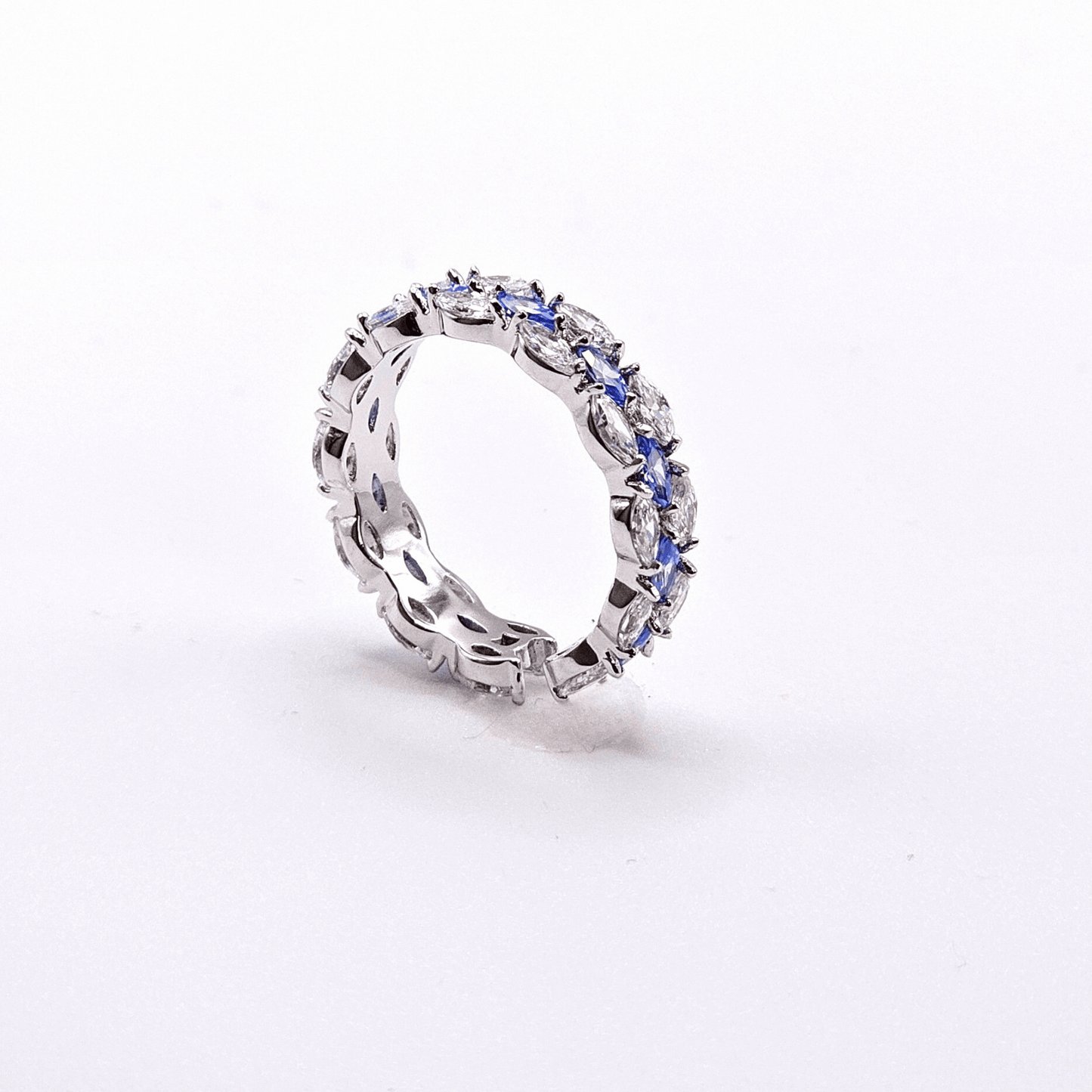 Chivelle Luxe Sapphire & Diamond-Cut Eternity Ring– Premium 18k White Gold Plated