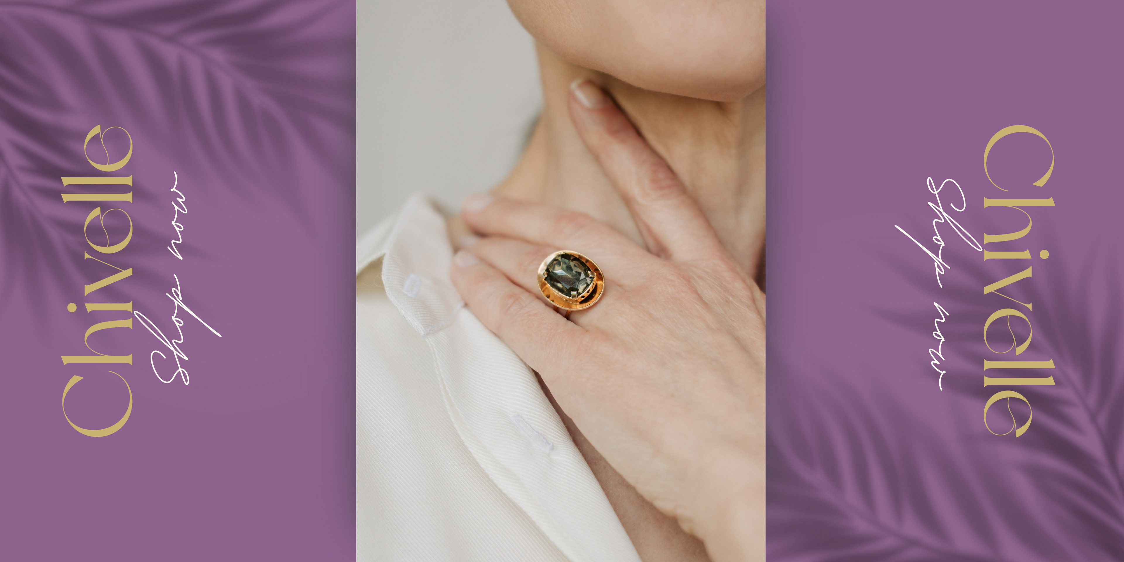 Hand wearing a ring with a green gemstone, set against a white background with 'Chivelle' branding on purple panels.