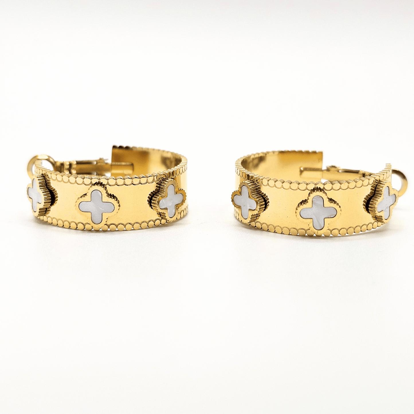 Chivelle Everyday Collection – White Mother of Pearl Clover Hoop Earrings