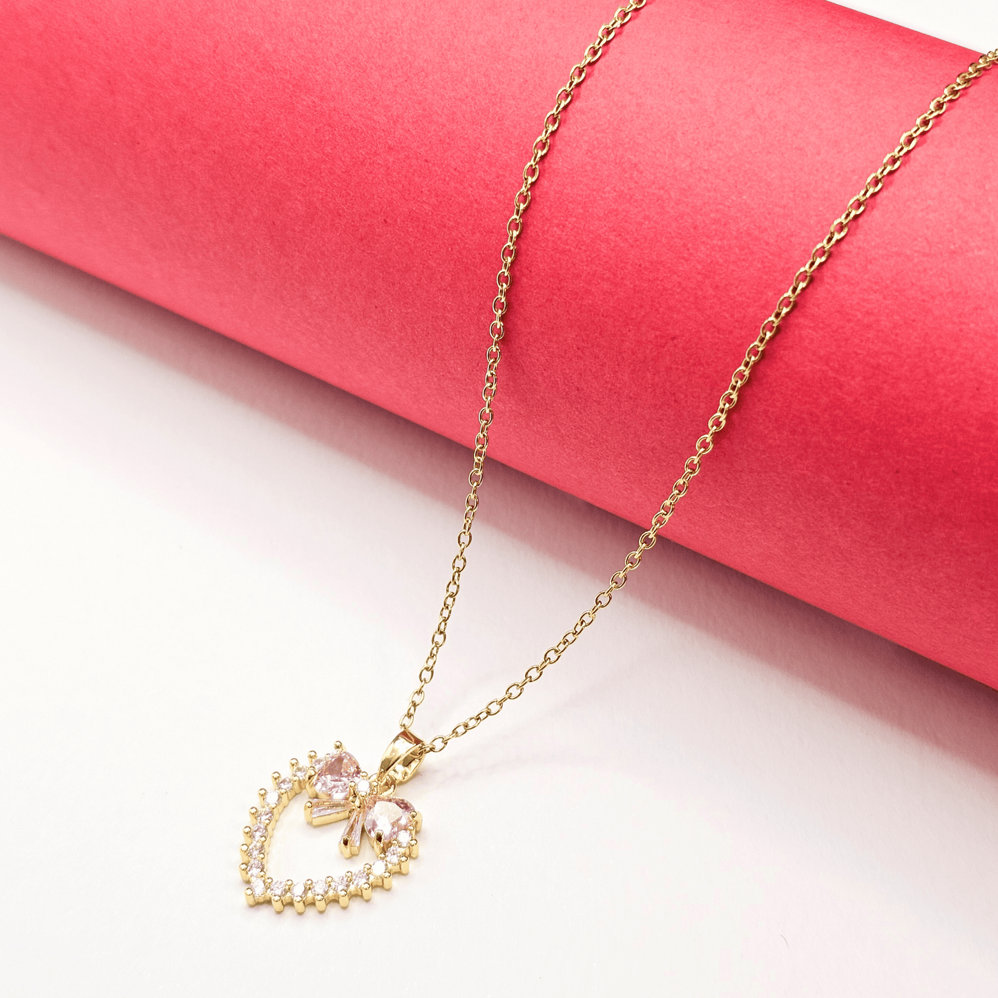 Rosé Bow Heart Necklace