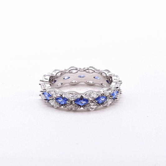 Chivelle Luxe Sapphire & Diamond-Cut Eternity Ring– Premium 18k White Gold Plated