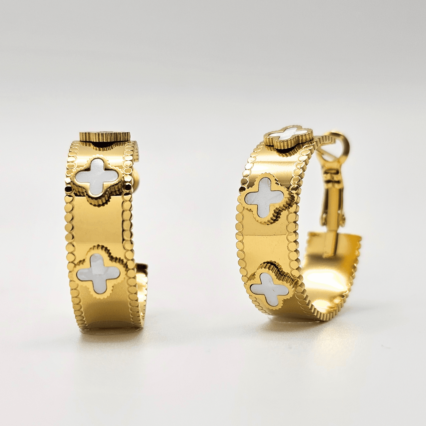 Chivelle Everyday Collection – White Mother of Pearl Clover Hoop Earrings