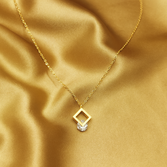 Chivelle Geometric Grace Pendant Necklace – Minimalist Square Frame with Cubic Zirconia Accent