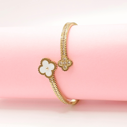 Mother of Pearl Clover & Crystal Cuff Bracelet