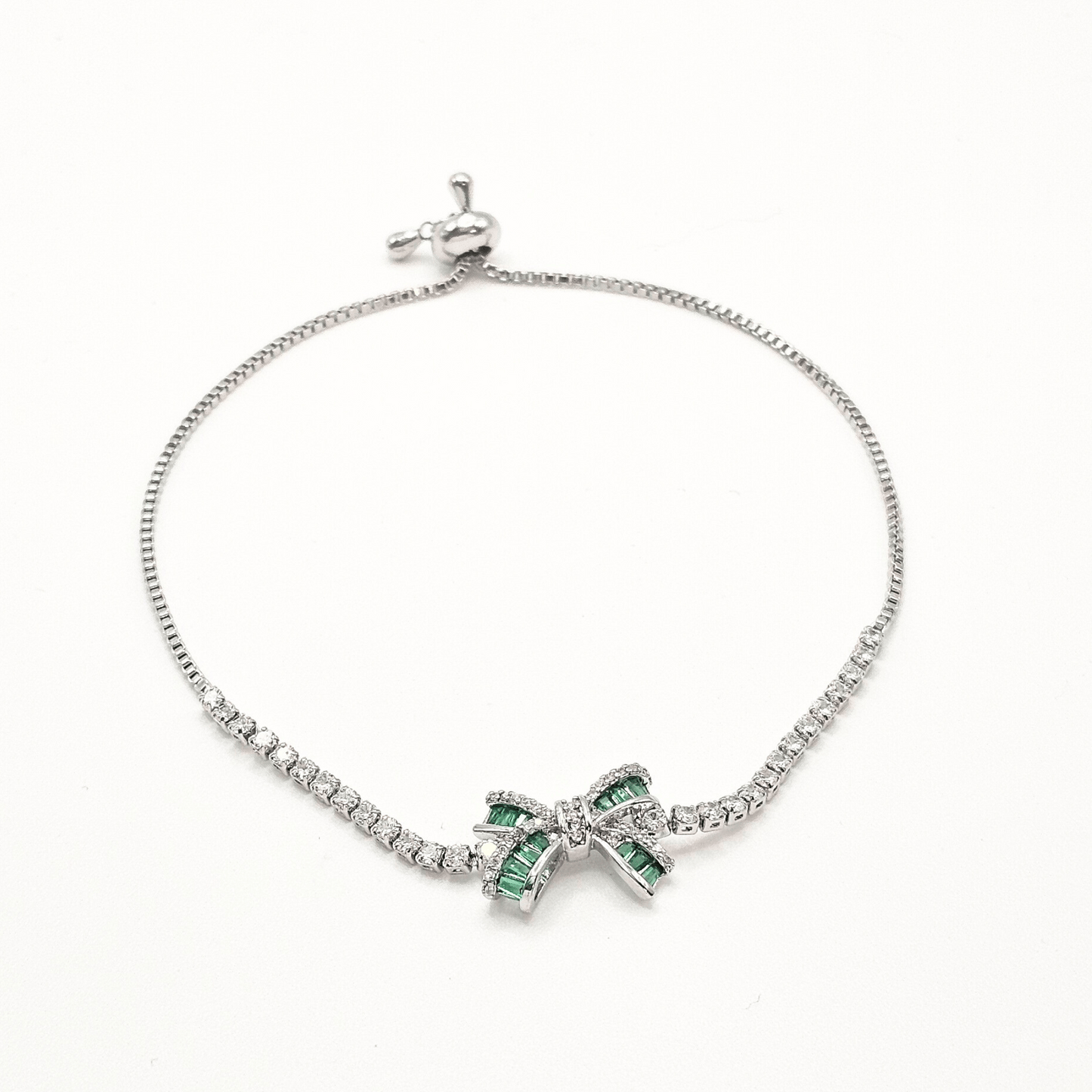 Emerald Bow Adjustable Bracelet – Silver