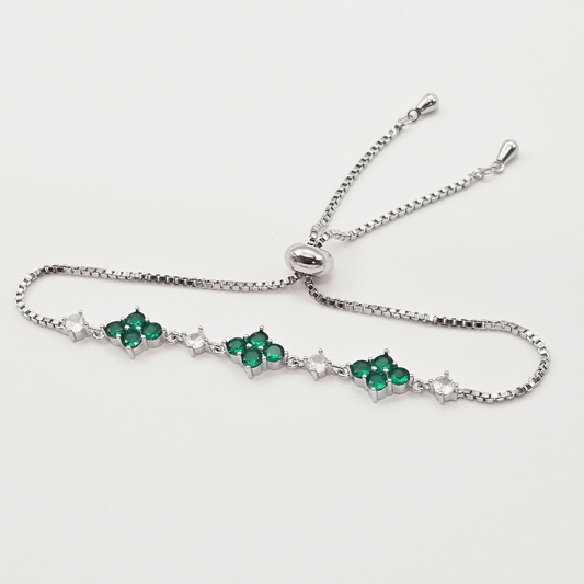 Emerald-Green Clover Adjustable Bracelet – Silver