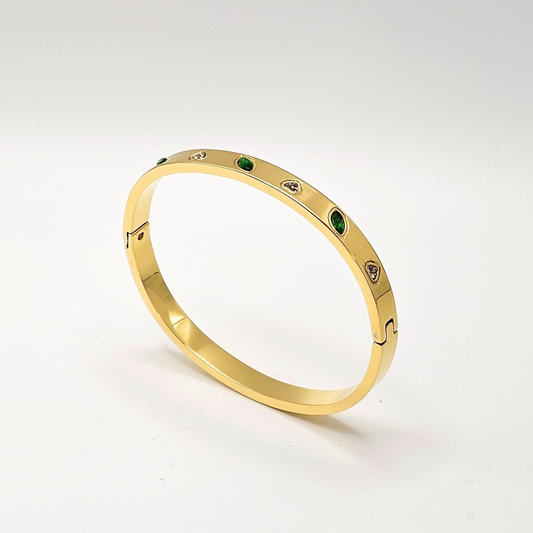 Green Stone Hinge Bangle Bracelet – 18K Gold Plated Minimalist Design