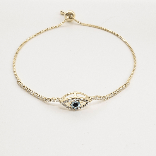 Diamond Evil Eye Adjustable Bangle – 18K Gold Plated