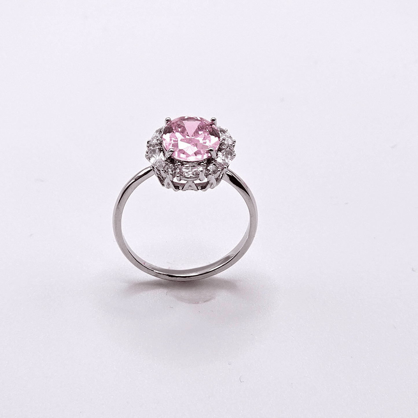 Chivelle Pink Solitaire Halo Ring – Elegant Silver Band with Sparkling Crystals