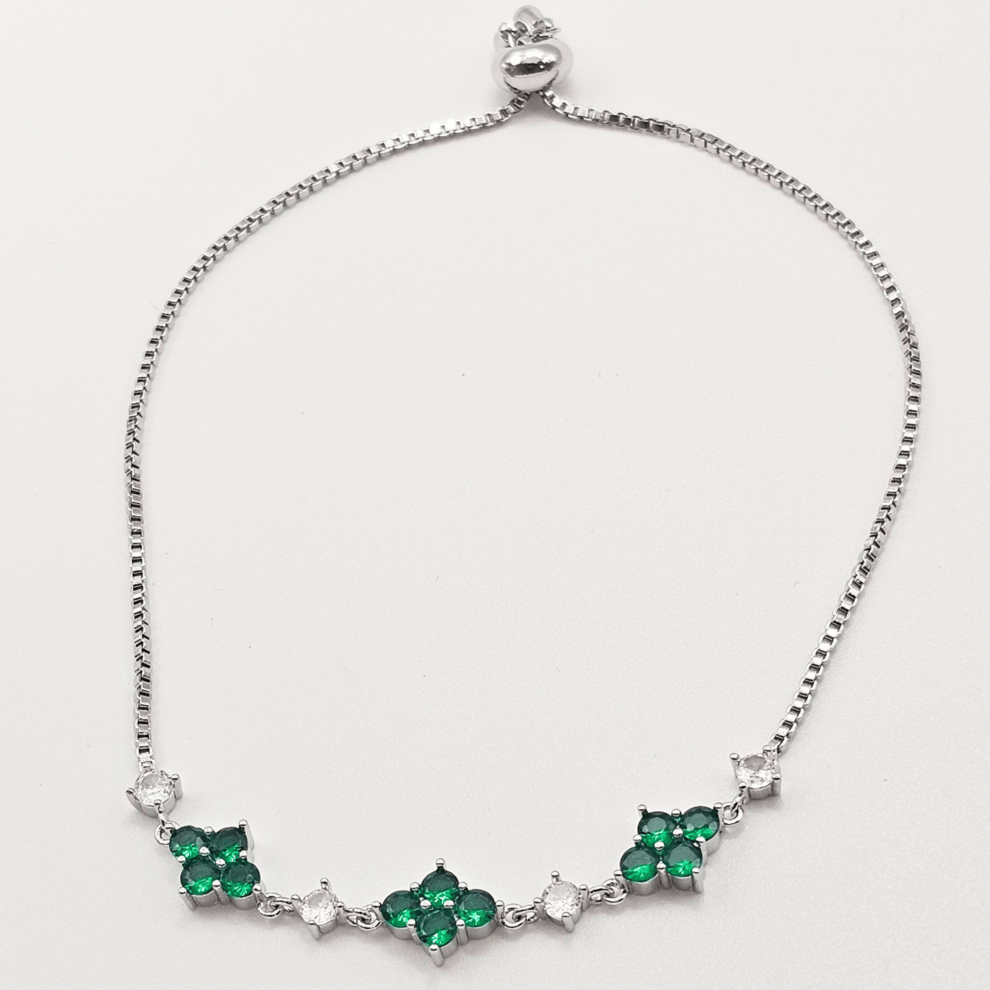 Emerald-Green Clover Adjustable Bracelet – Silver