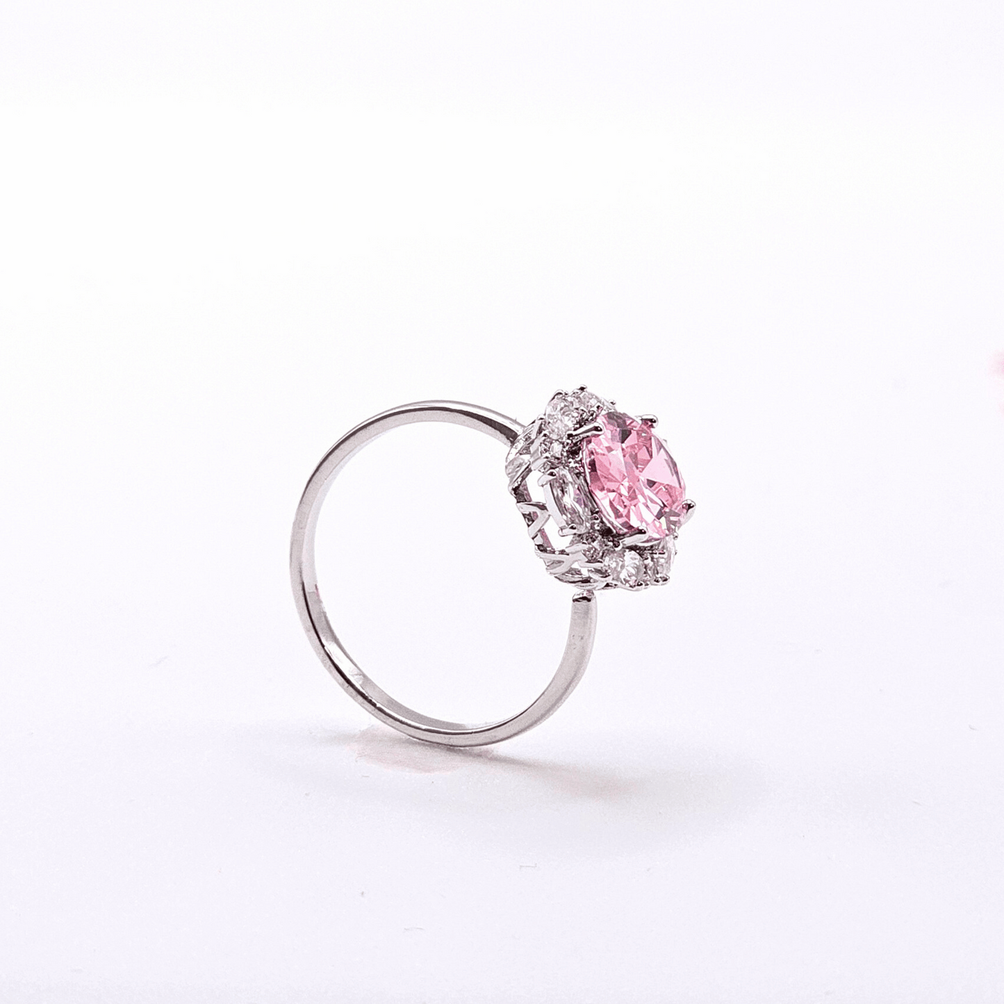Chivelle Pink Solitaire Halo Ring – Elegant Silver Band with Sparkling Crystals