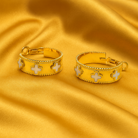 Chivelle Everyday Collection – White Mother of Pearl Clover Hoop Earrings