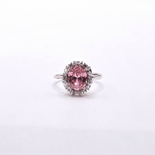 Chivelle Pink Solitaire Halo Ring – Elegant Silver Band with Sparkling Crystals