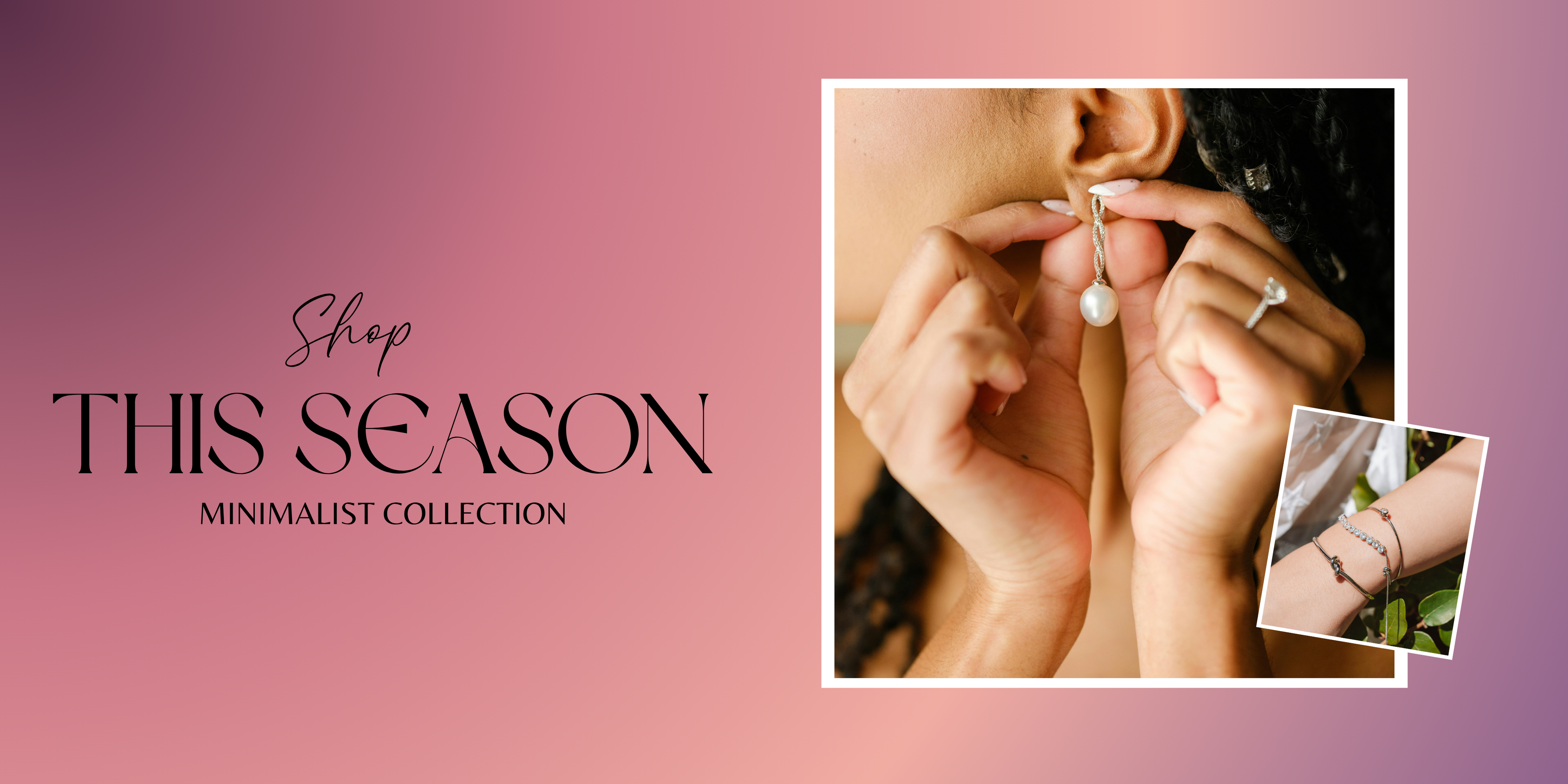 Advertisement for minimalist jewelry collection with close-up of earrings on a pink background